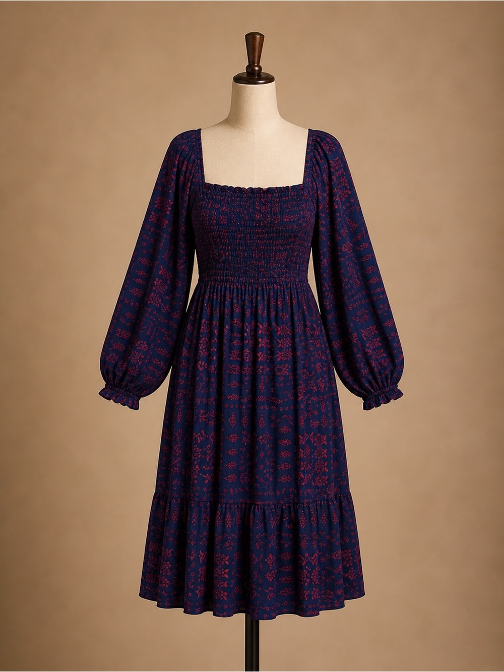 The Pioneer Woman Navy Midi Dress with Burgundy Floral Print